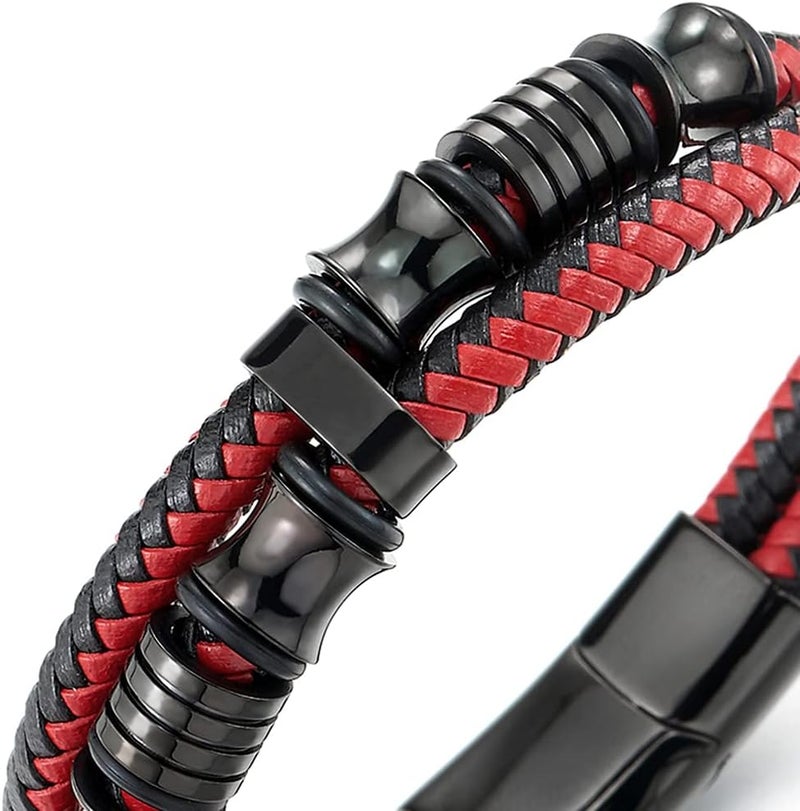 COOLSTEELANDBEYOND Mens Double-Row Braided Leather Bracelet Bangle Wristband with Black Stainless Steel Ornaments - Image 2